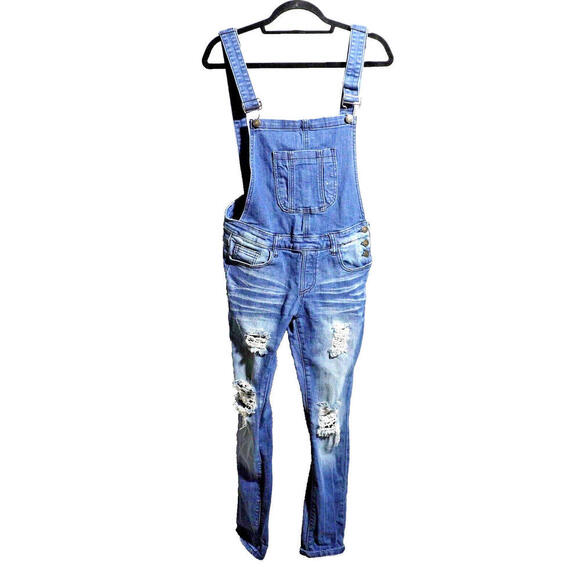 Machine Italy Bib Overalls Womens 31 Large Blue Distressed Grunge‎ Denim Skinny - Picture 1 of 9